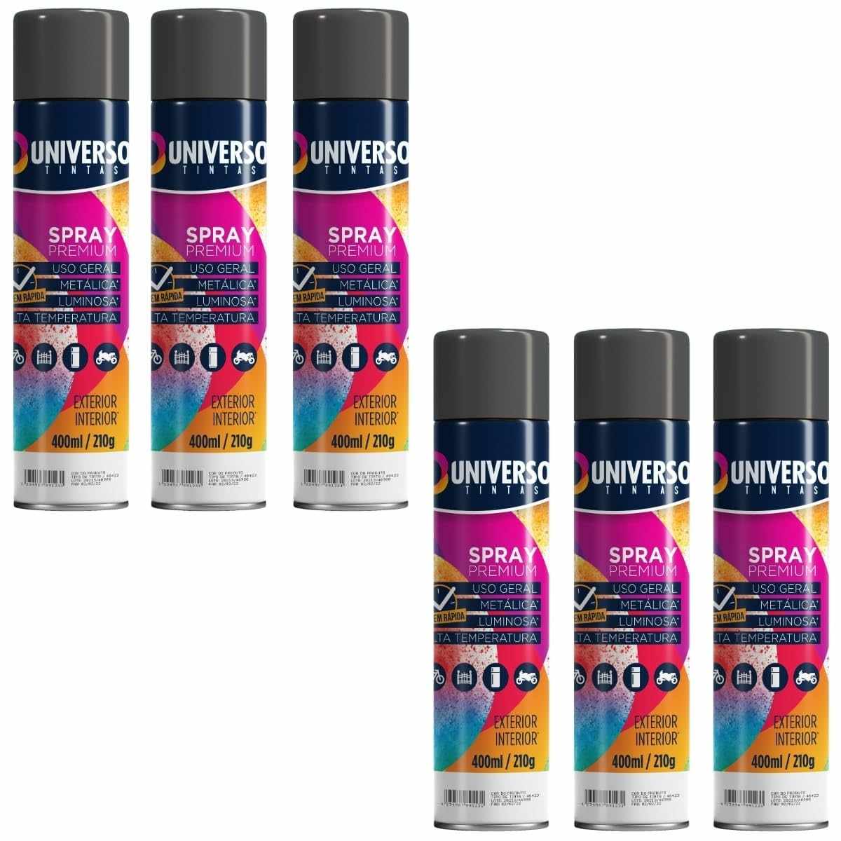 Tinta Spray 400ml Preto Fosco Uso Geral em Aço Ferro Couro Gesso Cerâmica | Universo | Kit 06 un