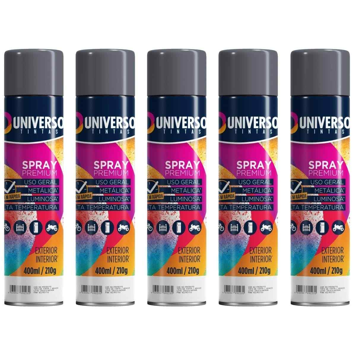 Tinta Spray 400ml Cinza Grafite Uso Geral em Aço Ferro Couro Gesso Cerâmica | Universo | Kit 05 un