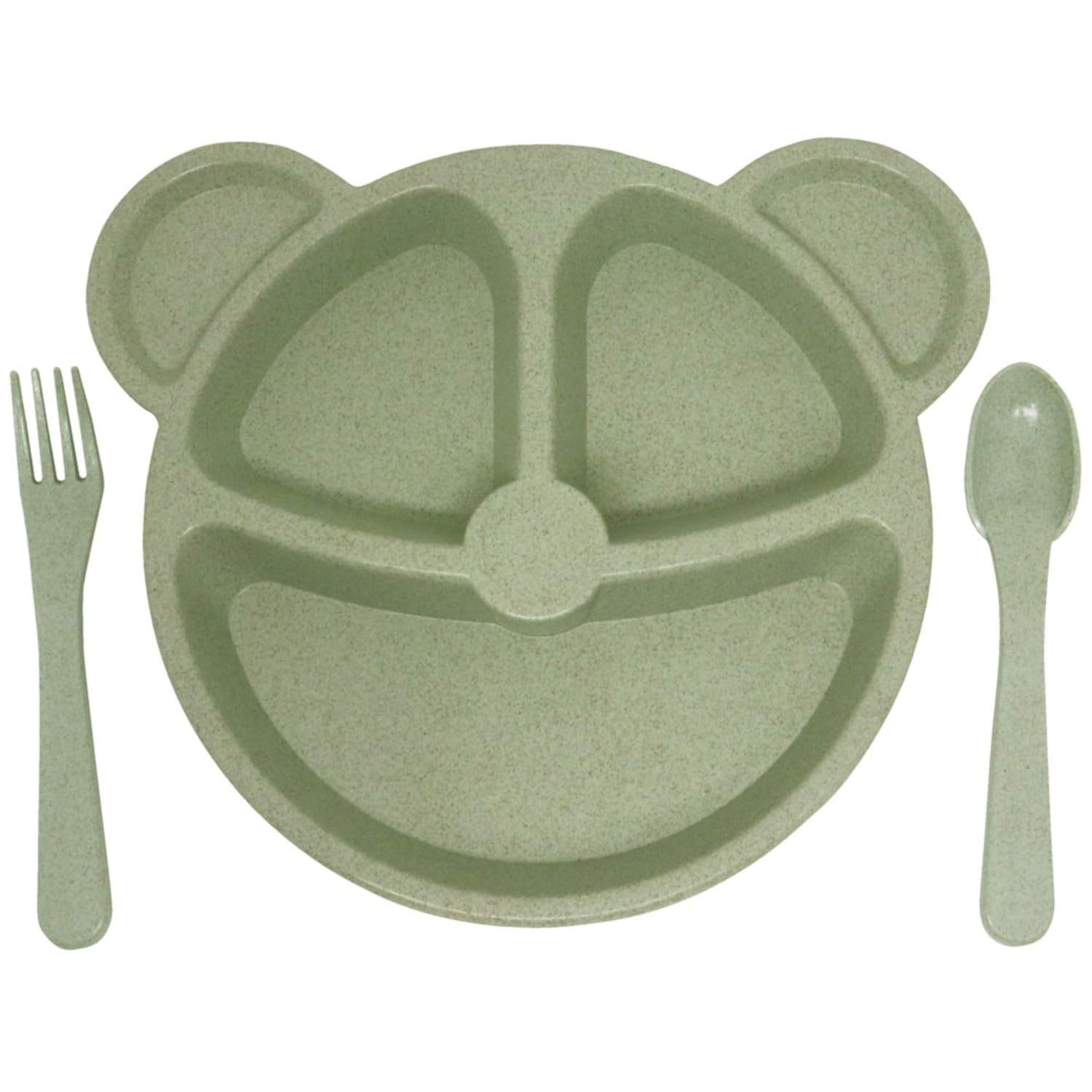 Prato com Divisória + Talheres Infantil Bebê BLW Urso Verde - Seguro e Ergonômico para Introdução Alimentar