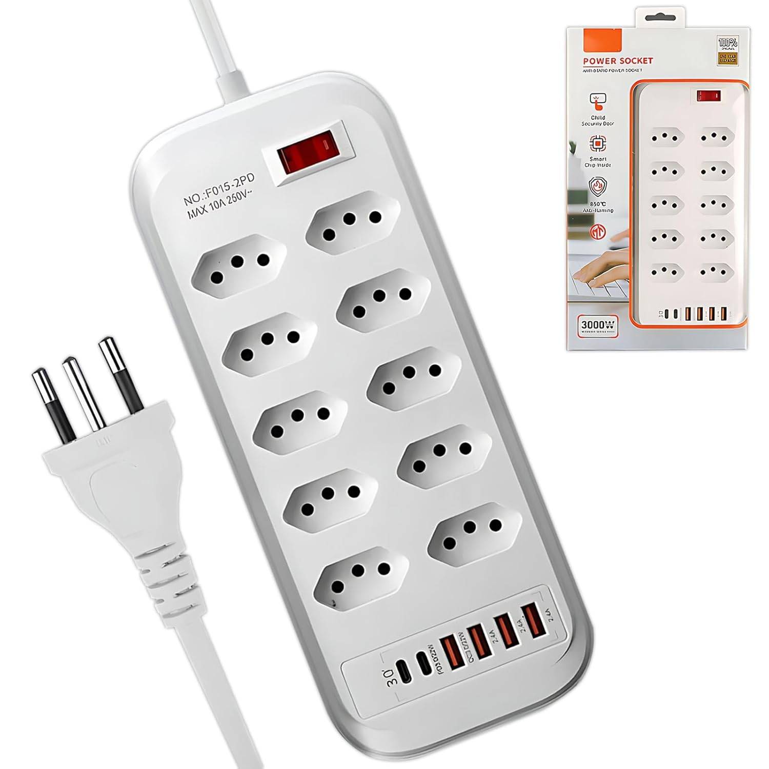 Régua de Energia Inteligente: 10 Tomadas + 6 USB (Tipo-A e C PD) - Segurança e Praticidade para Seus Dispositivos
