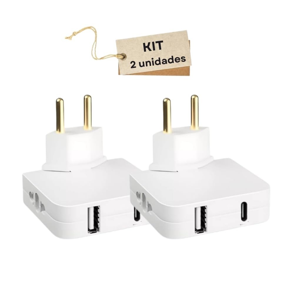 KIT 2 Adaptadores Benjamin Articulado Flexível Bivolt c/ 4 Entradas (USB + USB-C) - Portátil e Seguro