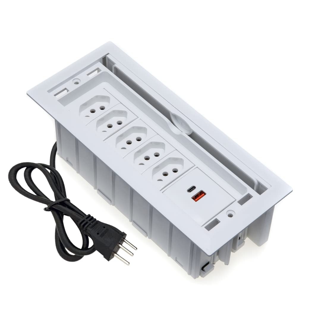 Caixa de Tomada 7 Blocos: 5 Tomadas 20A + 2 USB 3.5A - Branco Elegante