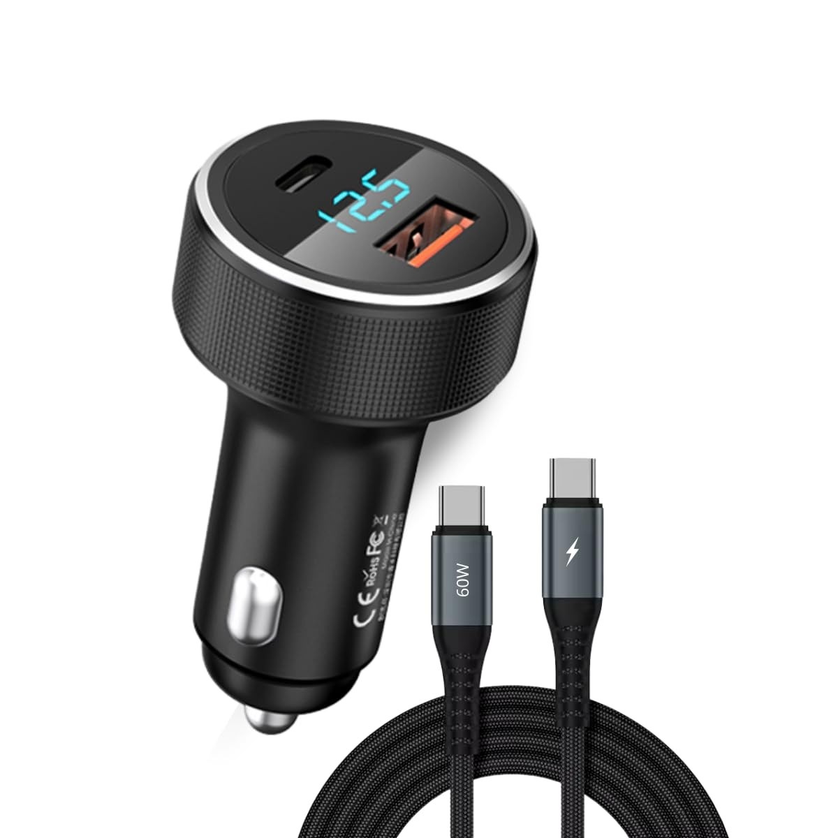 Carregador Veicular Turbo 60W com 2 Entradas USB-A + USB-C e Cabo Premium