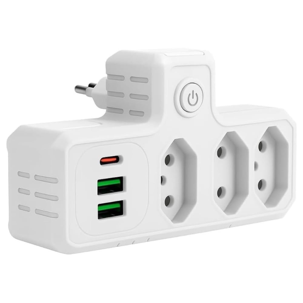 Régua de Energia Premium: 3 Tomadas + 3 USB (1 Tipo C) - Carregamento Inteligente e Versátil