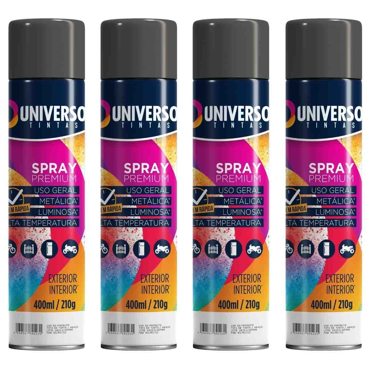 Tinta Spray 400ml Preto Fosco Uso Geral em Aço Ferro Couro Gesso Cerâmica | Universo | Kit 04 un