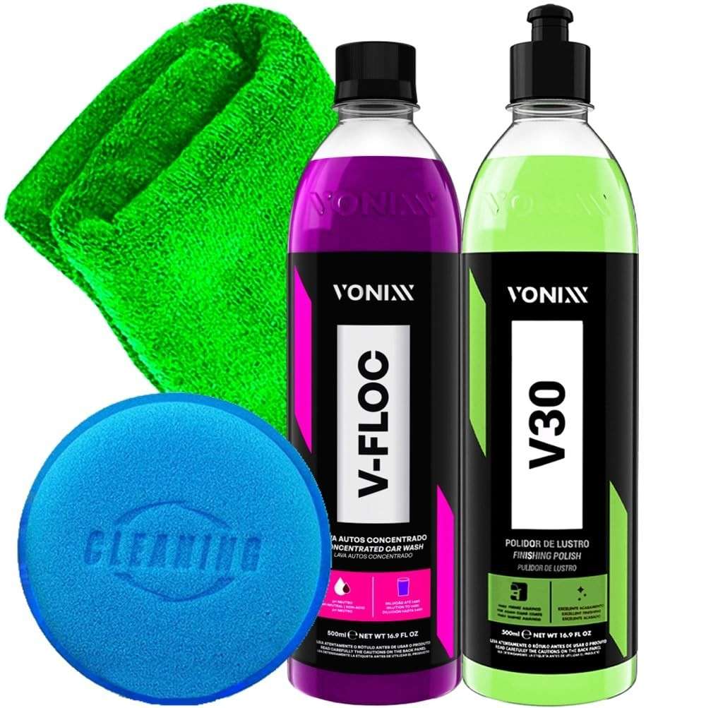 Kit Completo Vonixx: Shampoo V-Floc 500ml + Polidor V30 500ml + Acessórios Karbox para Detalhamento Automotivo