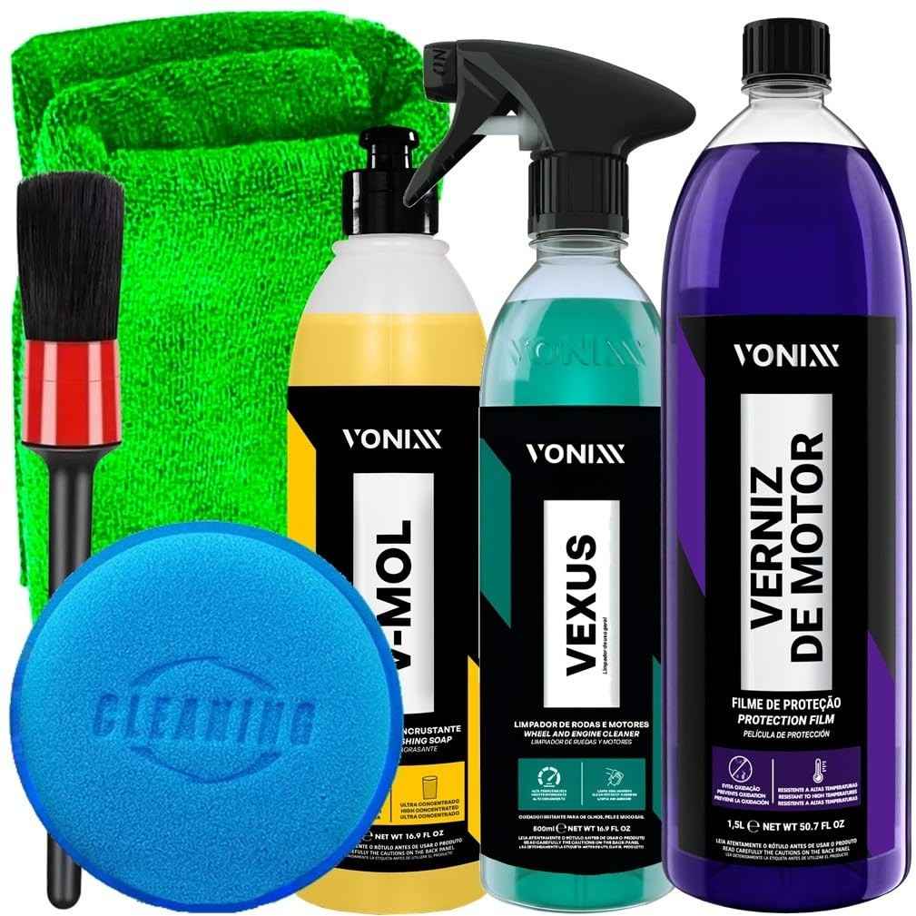 Kit Completo Vonixx Vexus & V-Mol: Limpeza e Brilho Impecáveis para o Motor do Seu Carro