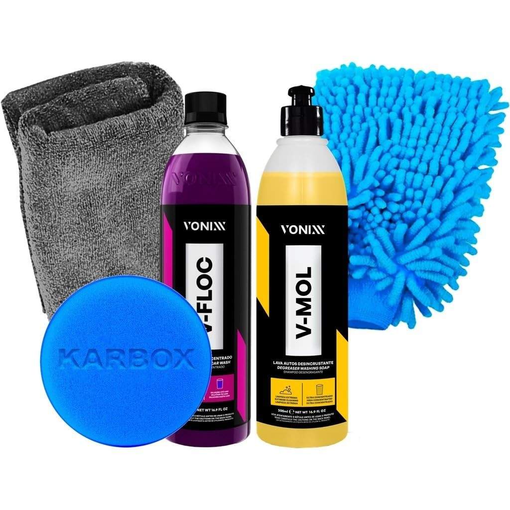 Kit Completo Vonixx & Karbox: Shampoo V-Floc, V-Mol, Luva, Toalha e Aplicador para Detalhamento Automotivo