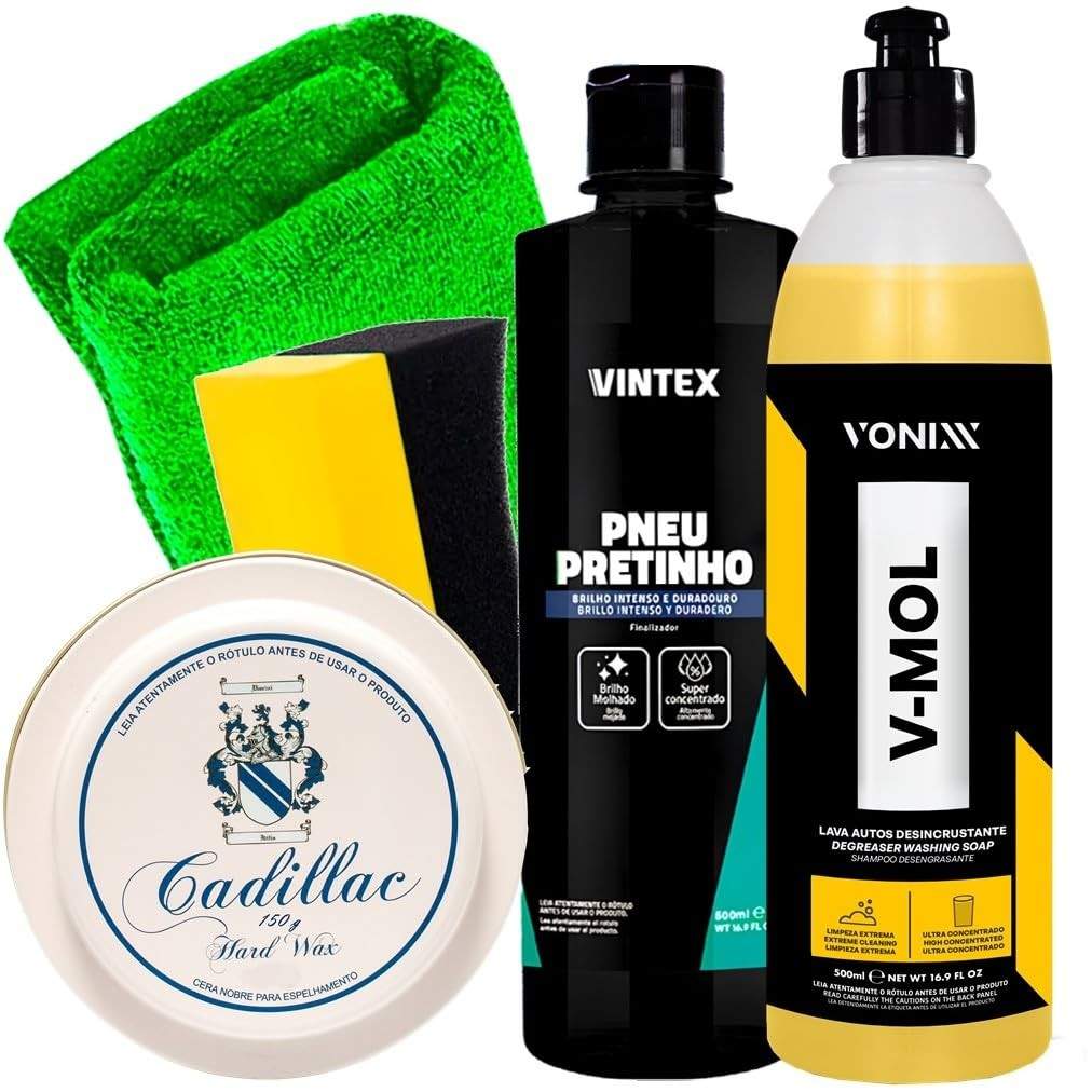 Kit Completo Vonixx & Cadillac: V-Mol, Pretinho, Hard Wax e Acessórios para Detalhamento Automotivo