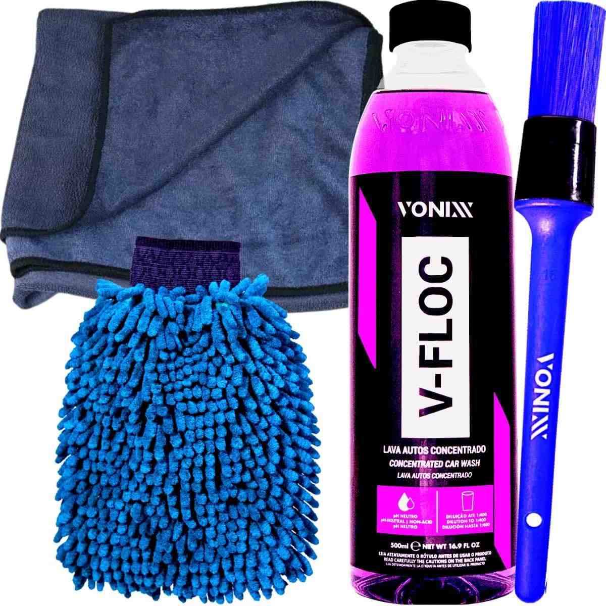 Kit Completo Vonixx: V-Floc, Luva Microfibra, Toalha Detalher e Pincel para Detalhamento Automotivo