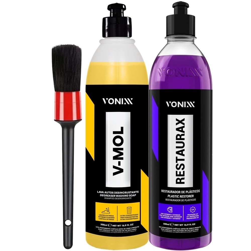Kit Essencial Detalhamento Automotivo: V-Mol Shampoo + Restaurax Vonixx + Pincel Karbox