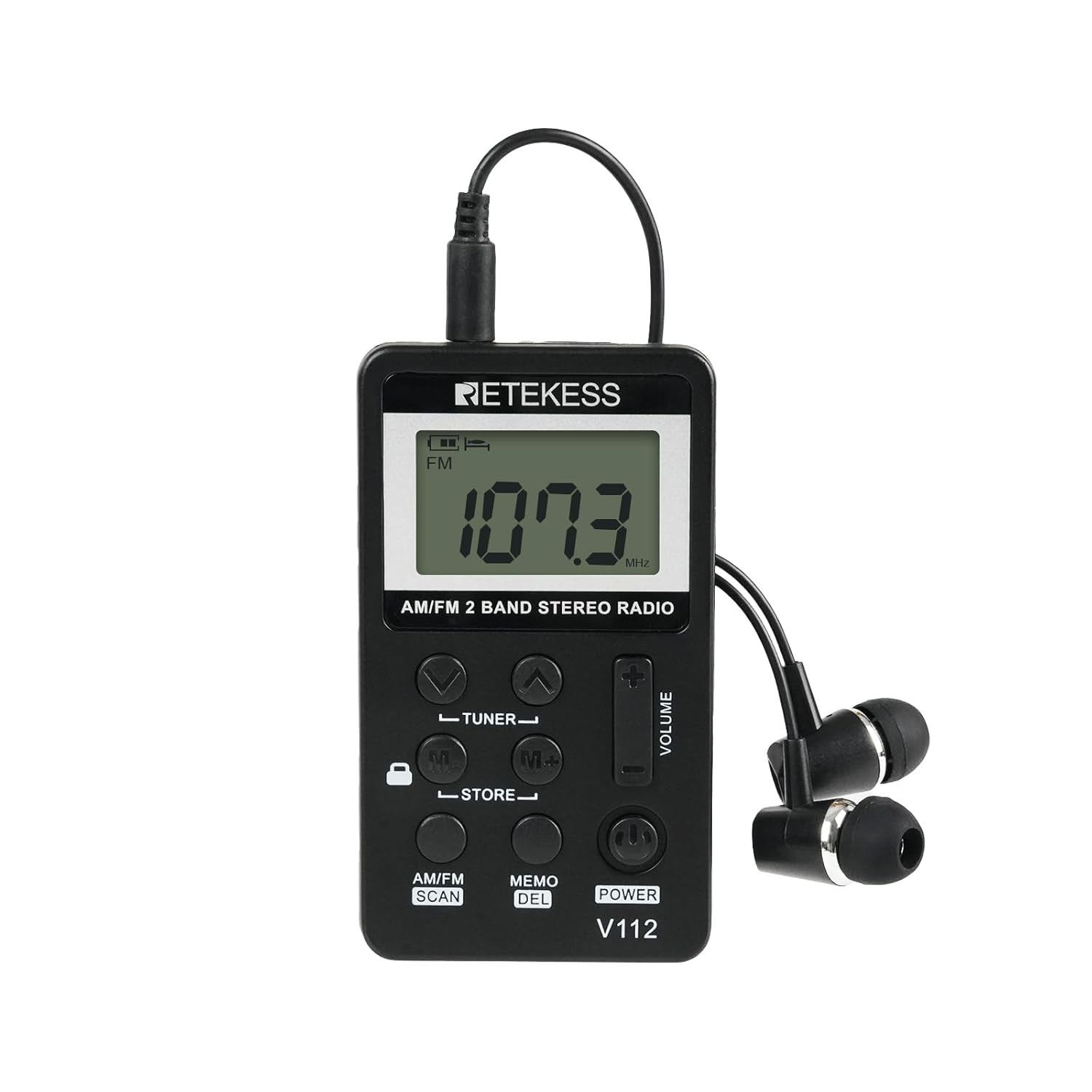 Rádio Portátil Retekess V112: Som Digital AM/FM com Fone, Bateria Recarregável e LCD - Preto