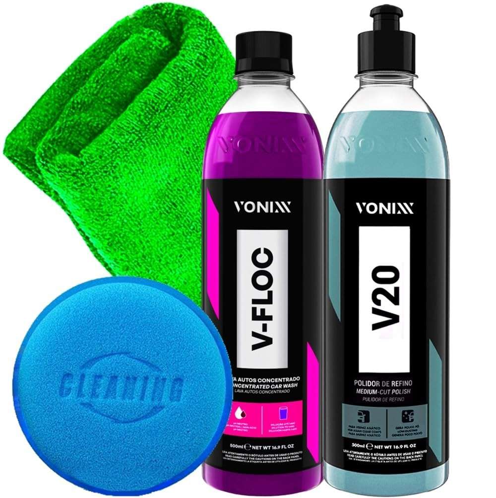 Kit Completo Vonixx: Shampoo V-Floc 500ml + Polidor V20 500ml + Acessórios Karbox