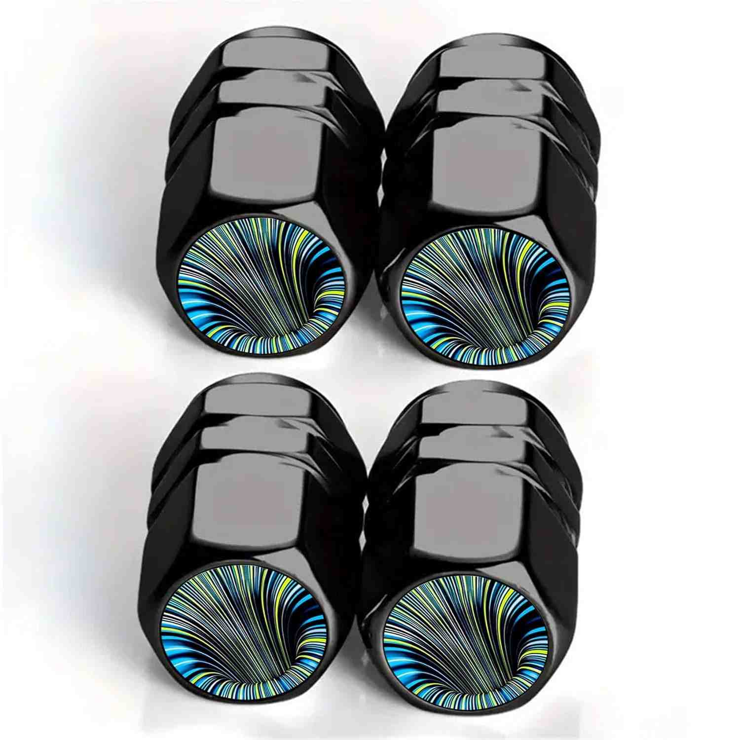 Tampas de haste de válvula de pneu com redemoinho verde azul 4 peças tampas de ar de pneu - capas de poeira universais à prova de ferrugem de liga de alumínio para carro, SUV, bicicleta, acessórios de