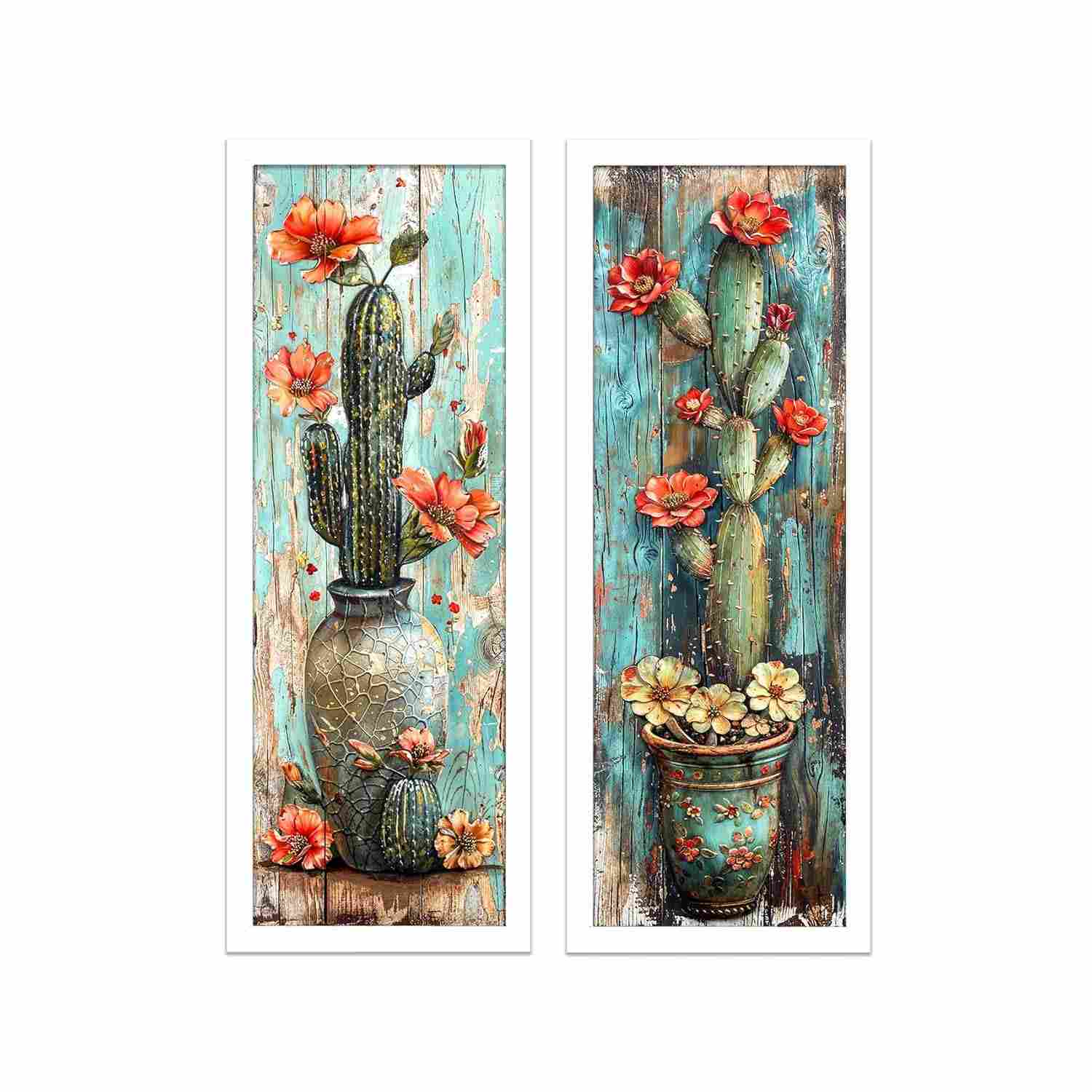 Kit 2 Quadros Decorativos para Sala e Varanda com Moldura em Madeira e Vidro - Estilo Vasos e Cactos