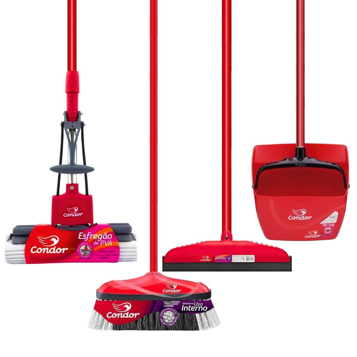 Kit Limpeza Completo com Vassoura Varre Muito, Mop Autolimpante, Rodo 30cm e Pá Caçamba - Tudo em um Só!