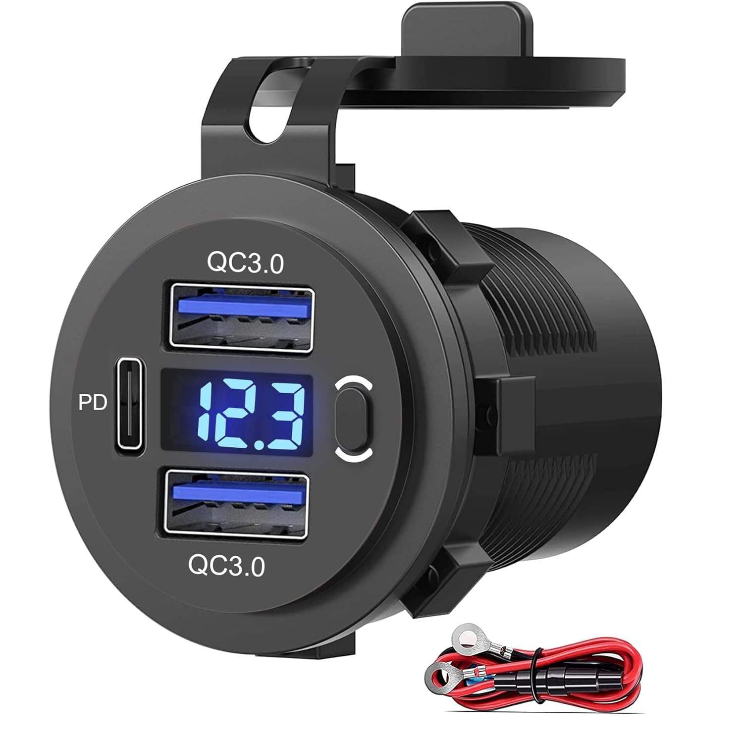 Carregador Veicular USB C PD + QC 3.0 Duplo com Voltimetro e Chave Liga/Desliga - Carregamento Rápido 12V