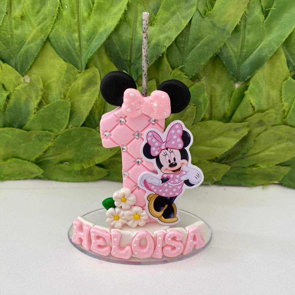 Vela Biscuit Minnie Rosa Personalizada – Topo de Bolo Único