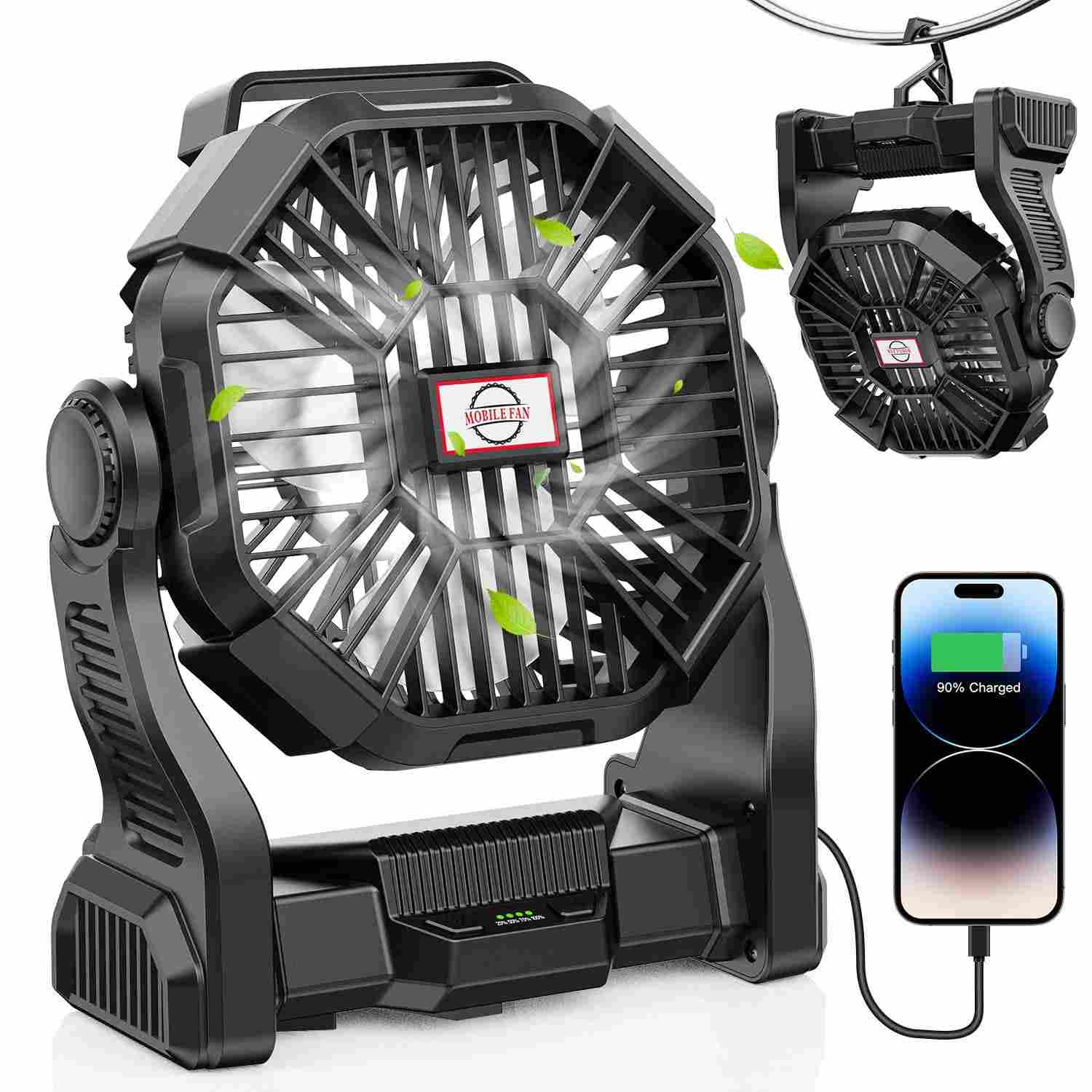 Ventilador de Acampamento 2 em 1 com Luz LED e Bateria 10400mAh - Ideal para Viagens, Piqueniques e Caminhadas