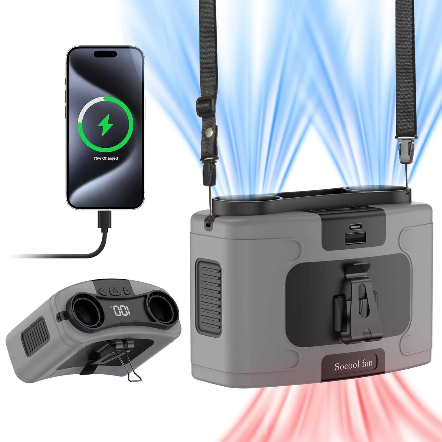 Socool 20000mAh Ventilador de Cintura Portátil Clipe no Cinto Vestível Ventoinhas Pessoais Recarregável Operado por Pilha, Ventilador de Refrigeração 40H com 10 Velocidades e Motores Duplos