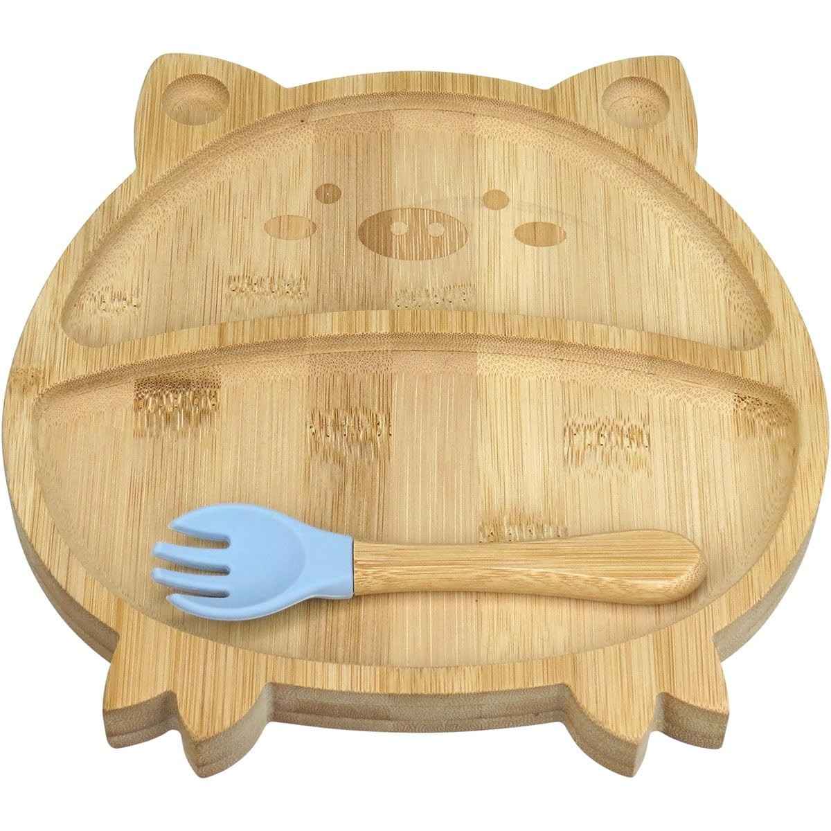 Prato Infantil com Garfo e Ventosa Home&Co Porquinho em Bambu Natural - Seguro e Divertido