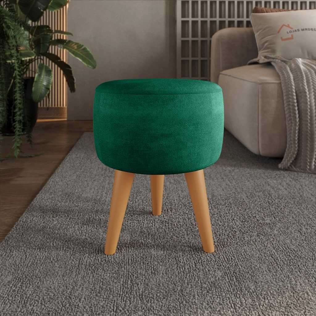 Puff Redondo Estofado com Pé Palito - Assento Decorativo Moderno em Verde-Musgo