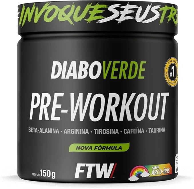 FTW Pré-Treino Diabo Verde - Energia Extrema, Força e Foco - Potência Hardcore com Cafeína, Beta-Alanina - Para Treinos Intensos - sabor: Arco Iris - Pote 150g
