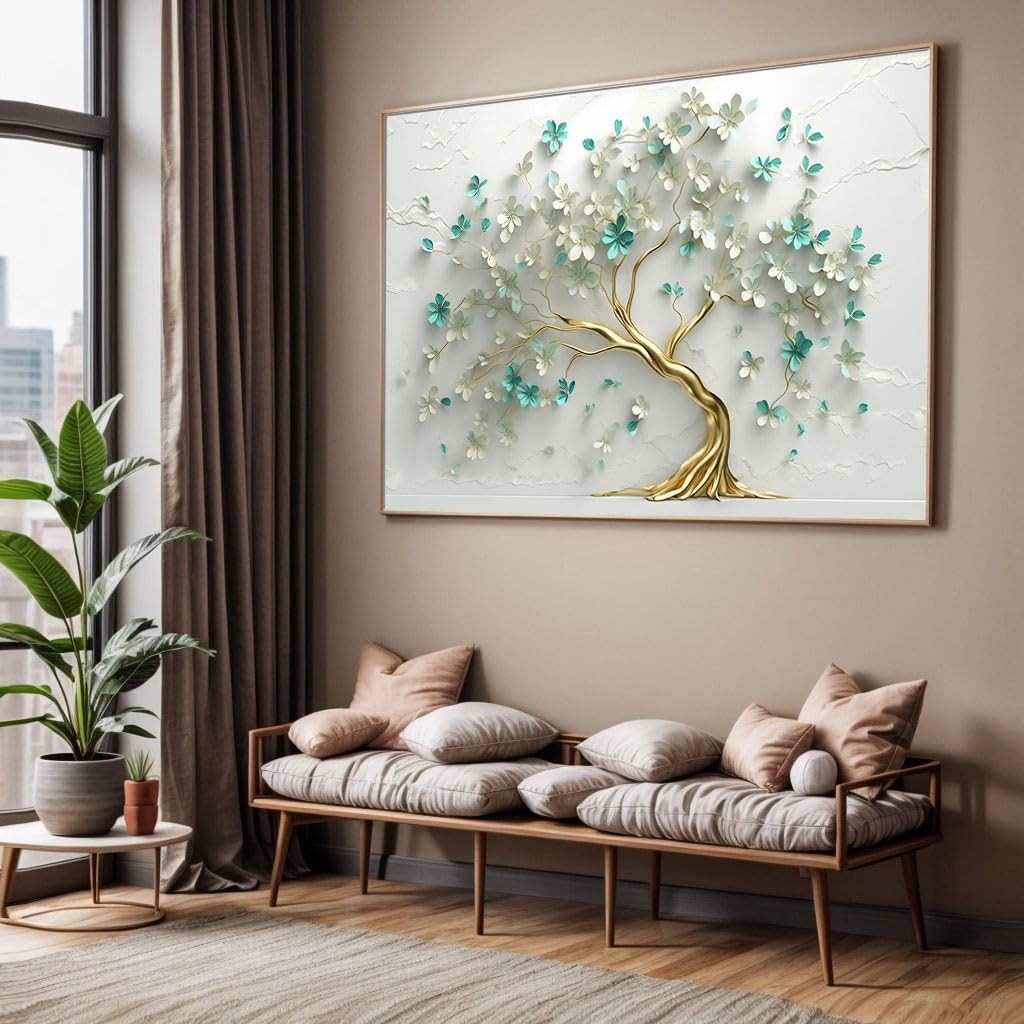 Quadro Decorativo Arvore Azul Verde 130x90cm - Arte Moderna para Sala e Quarto