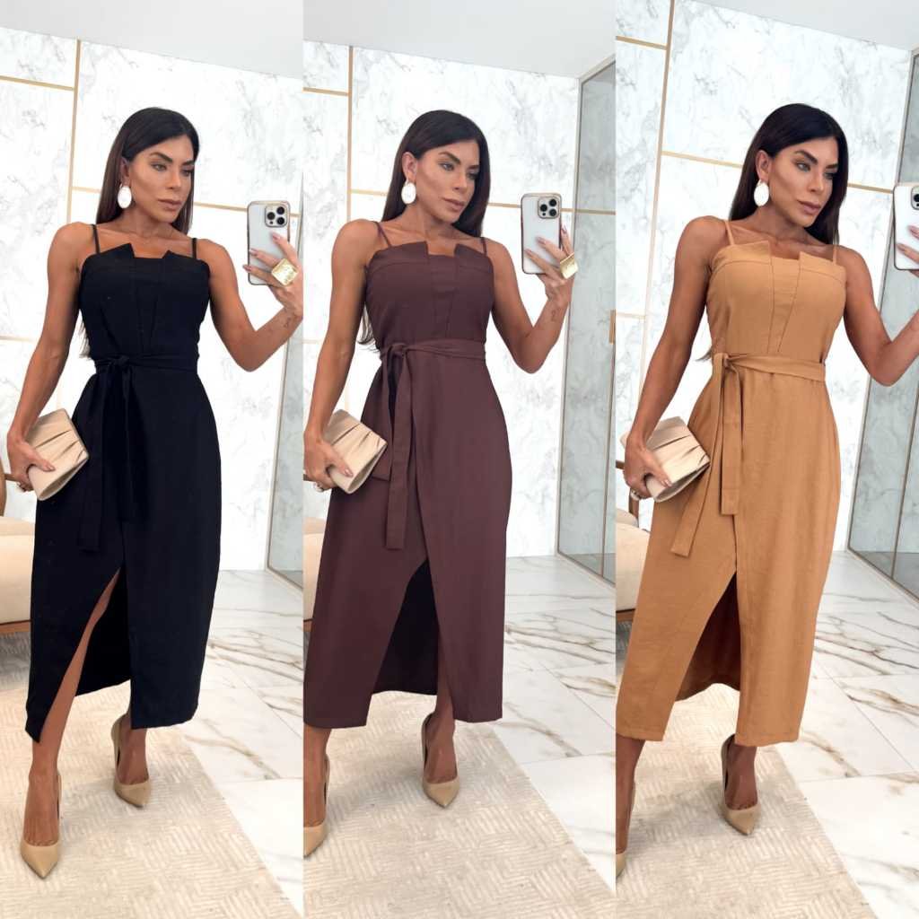 Vestido Acinturado Elegante com Fenda e Cinto