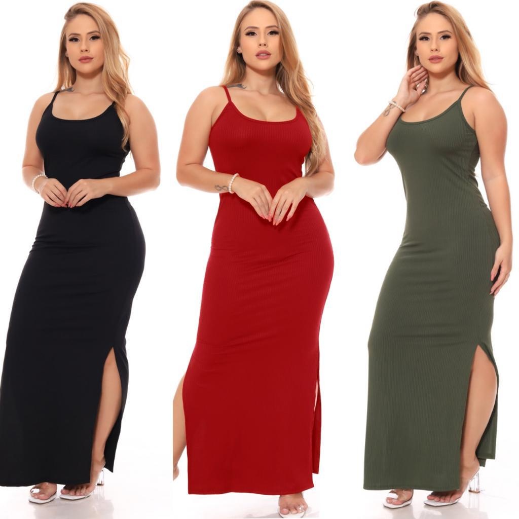 Vestido Alcinha Liso Longo com Fenda Lateral – Estilo Moderno para o Verão