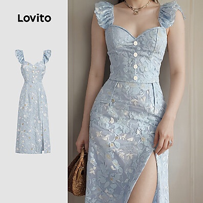 Vestido Boho Lovito Azul: Recorte na Frente, Confortável e Estiloso para Primavera/Verão