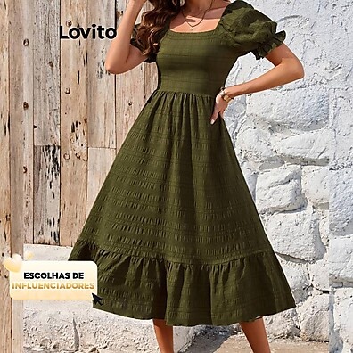 Vestido Boho Lovito com Manga Bufante e Bainha em Camadas