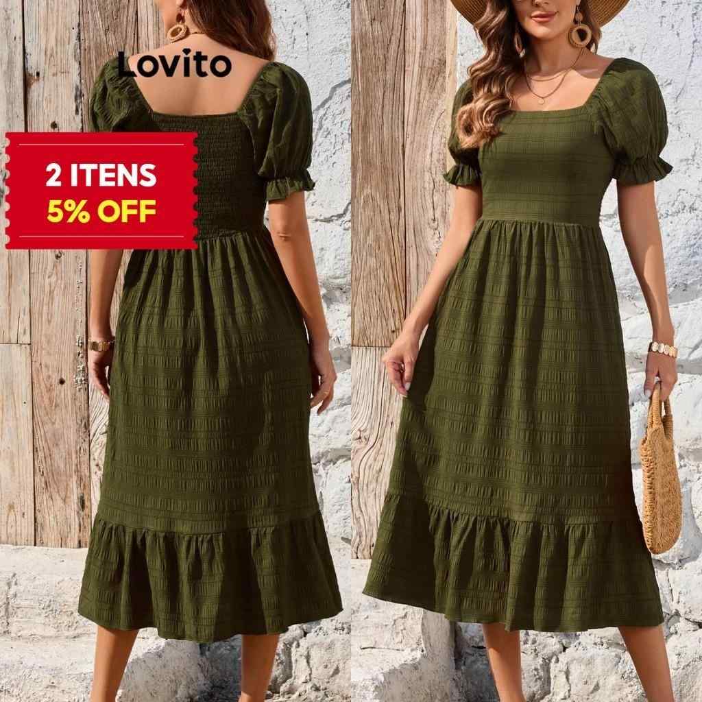 Vestido Boho Lovito com Mangas Bufantes e Bainha em Camadas