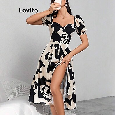 Vestido Boho Manga Puff Lovito: Estilo Geométrico com Toque Suave