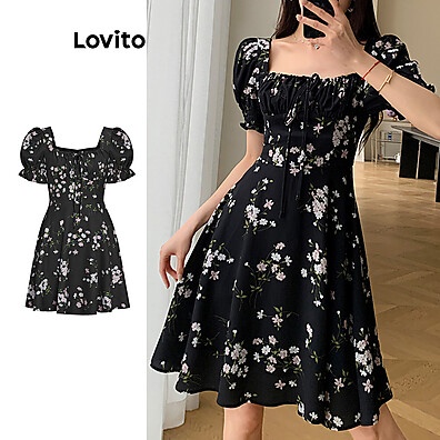 Vestido Casual com Flores Ditsy Preto – Estilo e Conforto