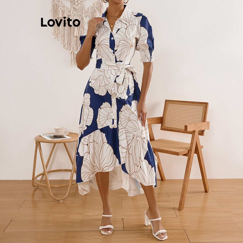 Vestido Casual Floral Lovito com Botão e Gravata – Estilo e Conforto em Um Só Look