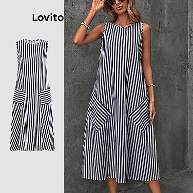 Vestido Casual Listrado com Bolso Lovito: Estilo e Conforto