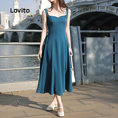 vestido-casual-lovito-com-estrutura-lisa-para-mulheres