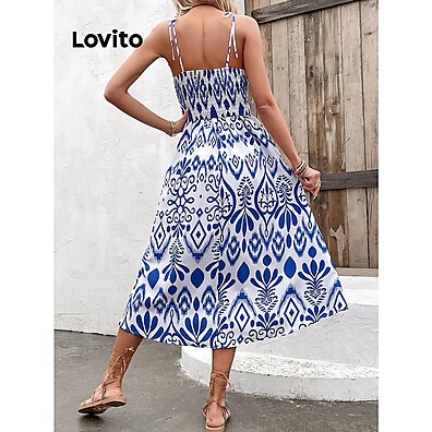 Vestido Casual Tropical Lovito com Cadarço e Frente Dividida