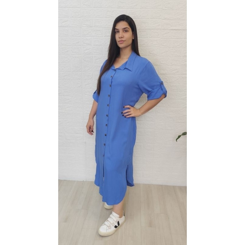 Vestido Chemise Viscolinho Midi com Manga Ajustável – Conforto e Estilo Versátil