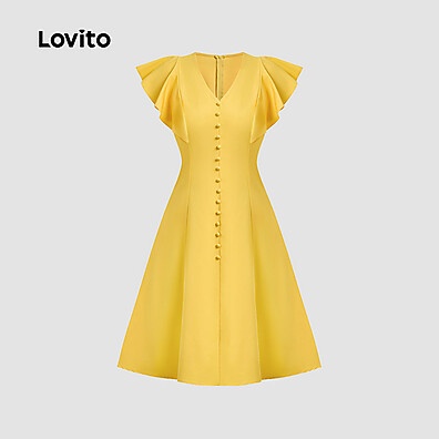 Vestido Elegante Lovito: Babados e Botões