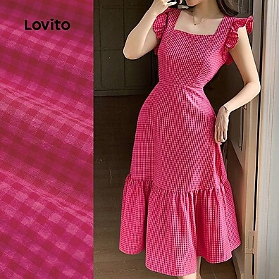Vestido Elegante Lovito com Laço e Babados Vermelho Rosado