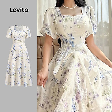 Vestido Elegante Lovito com Mangas Bufantes Azul e Branco