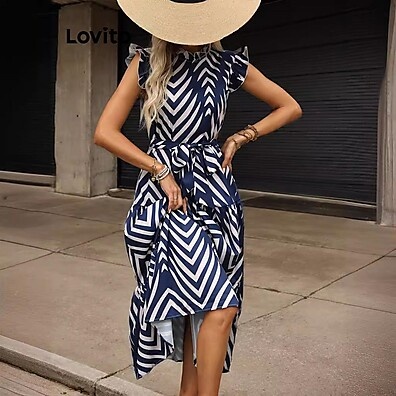 Vestido Elegante Lovito com Renda Geométrica e Babados