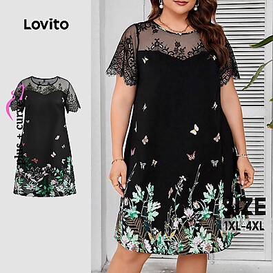 Vestido Elegante Plus Size Lovito com Renda e Flores para Verão