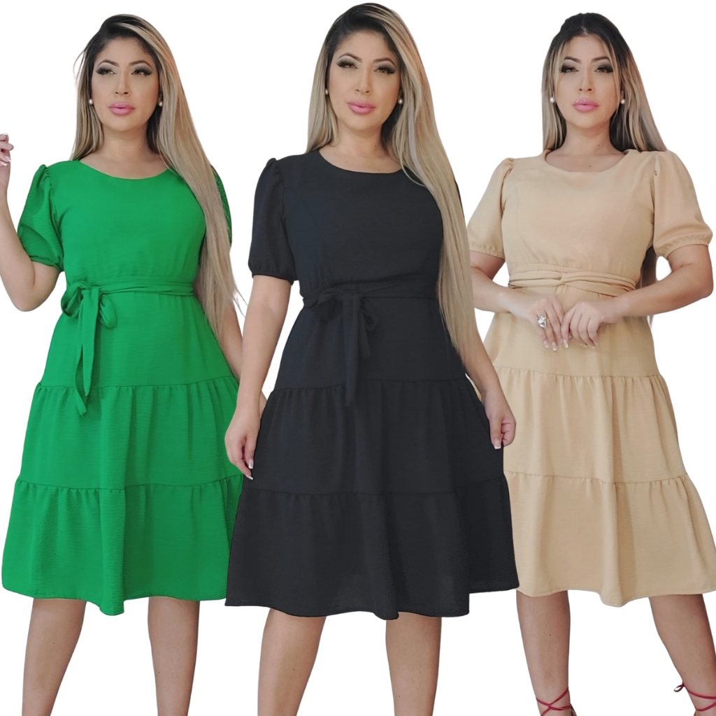 Vestido Feminino Midi Crepe Duna: Elegância Casual com Cinto e Manga Bufante