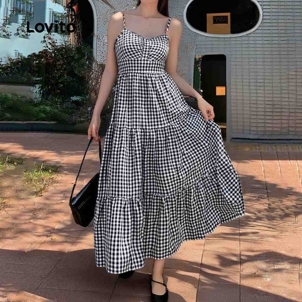 Vestido Gingham Lovito: Estilo Casual em Camadas