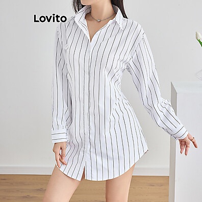 Vestido Listrado com Botões Lovito – Estilo Casual Feminino