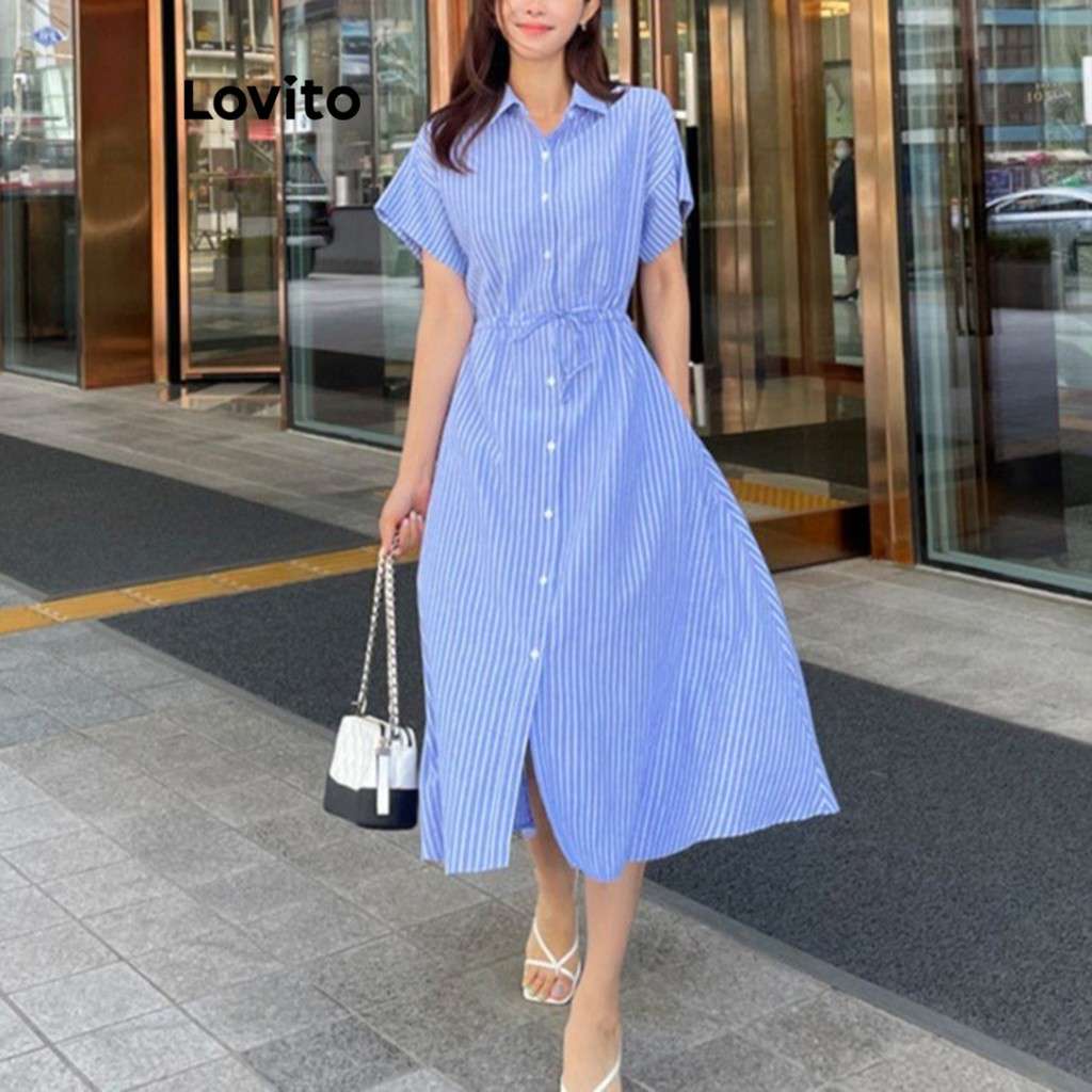 Vestido Listrado com Gravata Lovito: Estilo Casual