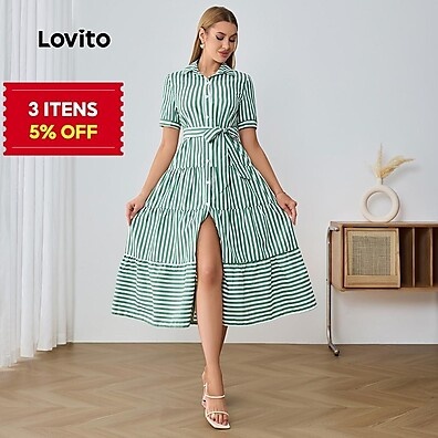 Vestido Listrado Lovito: Elegância em Camadas